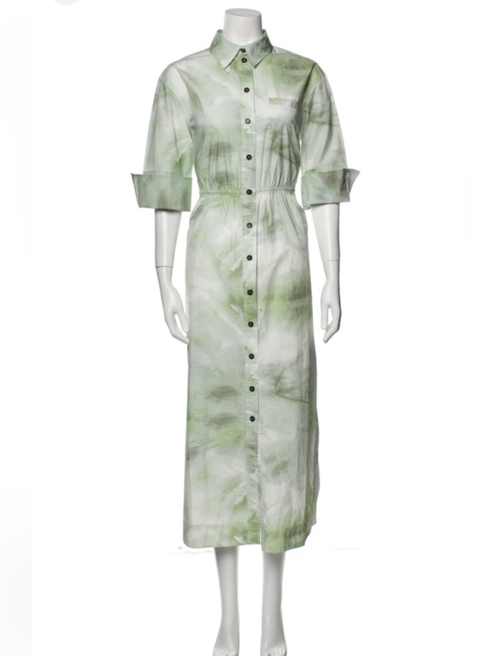 Ganni Green and White Tie-Dye Midi Kelly Shirt Dress XS
